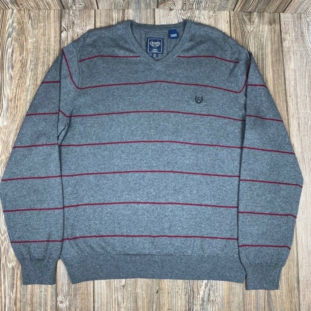 Chaps Mens Sweater Gray Red Striped V Neck Long Sl